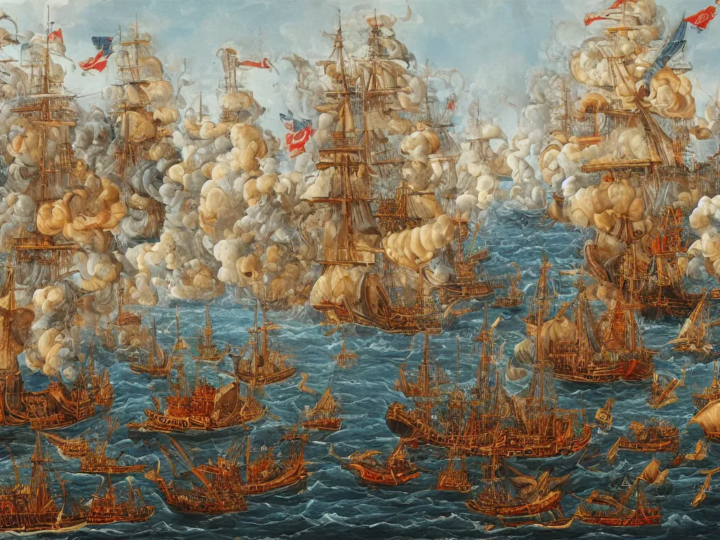 Prompt: An oil painting of a medieval naval battle, highly detailed, intricate, 4k, masterpiece