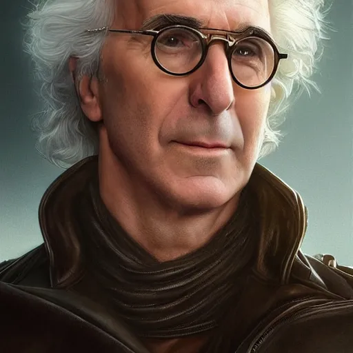 Prompt: portrait of larry david, soft hair, muscular, half body, leather, hairy, d & d, fantasy, intricate, elegant, highly detailed, digital painting, artstation, concept art, smooth, sharp focus, illustration, art by artgerm and greg rutkowski and alphonse mucha