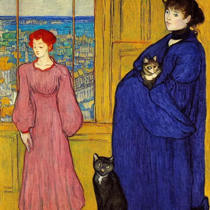 Image similar to portrait of woman in night gown with cat, with city with gothic cathedral seen from a window frame with curtains. sunset. lapis - lazuli, malacchite, turquoise, indigo. lucas cranach, bonnard, henri de toulouse - lautrec, utamaro, matisse, monet