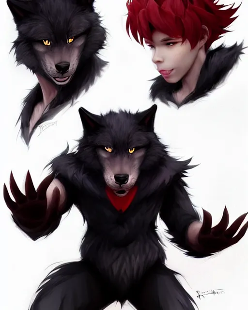 Image similar to character concept art of a black anthropomorphic furry male wolf with red hair | | cute - fine - face, pretty face, key visual, realistic shaded perfect face, fine details by stanley artgerm lau, wlop, rossdraws, james jean, andrei riabovitchev, marc simonetti, and sakimichan, trending on artstation