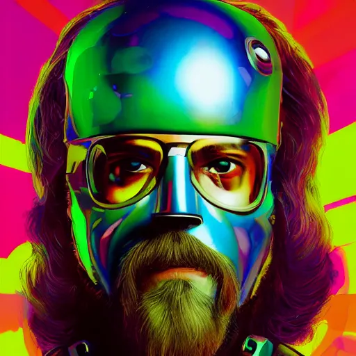 Prompt: a colorful closeup portrait of the a cybertronic mask depicting the dude from the big lebowski. dreamy vibes floating head and dreaming psychedelic hair. halo behind his head. trending on artstation. by peter mohrbacher and moebius and alex ross. intricate detail. hyperrealistic. photorealism. 8 k. flat design