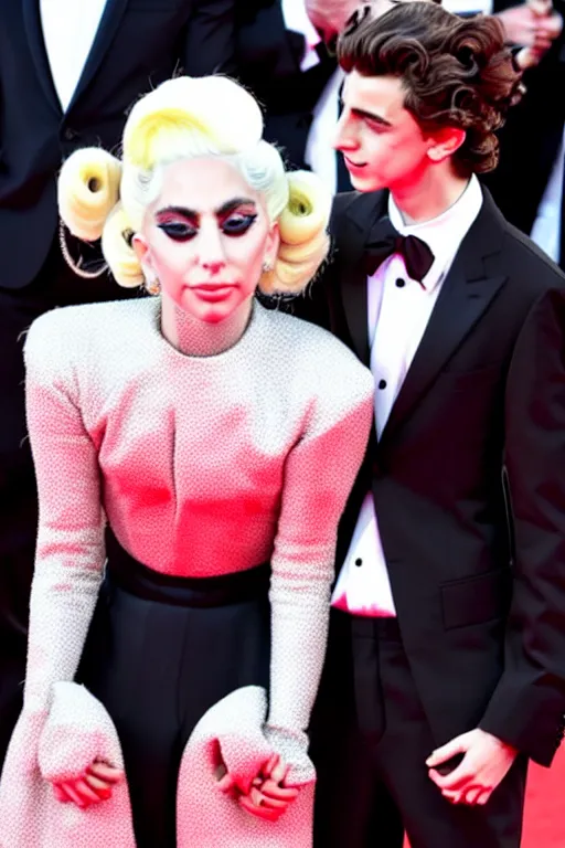 Image similar to timothee chalamet and lady gaga holding hands on the red carpet, beautiful detailed faces