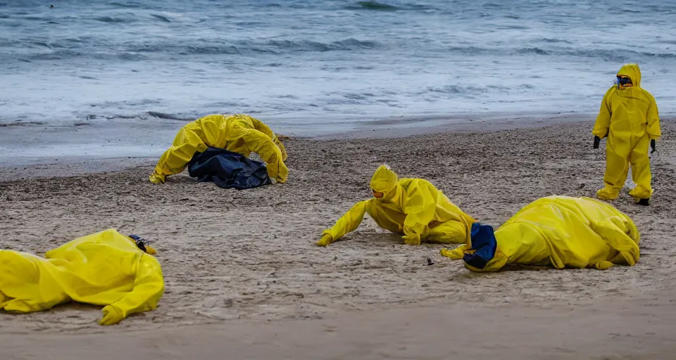 Prompt: Professional Photography, long shot, People in yellow chemical hazmat suits are investigating a huge creepy creature washed up on the beach.