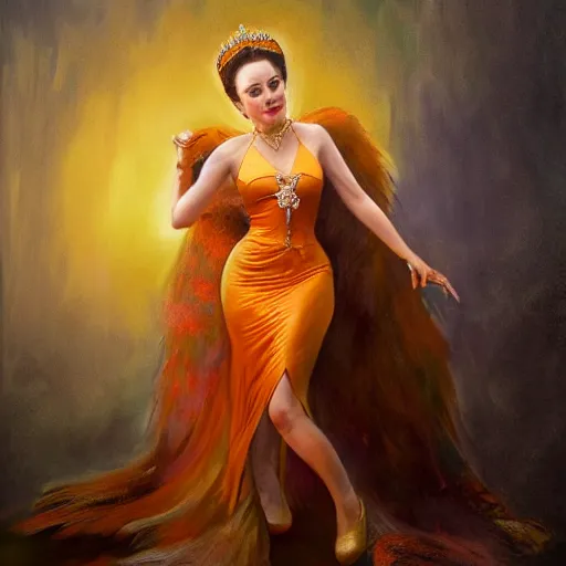 Image similar to An ultra realistic portrait painting of Princess Daisy wearing his orange dress and golden tiara in the style of Frank Frazetta, 4k, Ultrarealistic, Highly Detailed, Dark Fantasy, Epic Lighting