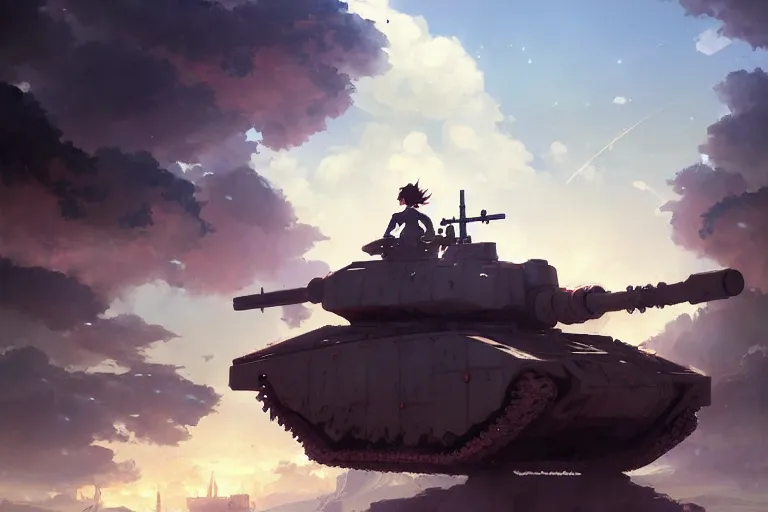 Image similar to baroque oil painting of anime key visual concept art of anime maid soldiers sat inside a tank on the battlefront, official art, trending on artstation, palette knife and brush strokes, oil on canvas, style of makoto shinkai greg rutkowski studio ghibli