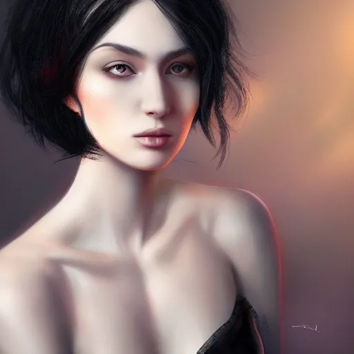 Image similar to fabulous rendition of a magnificent black haired woman, half body portrait, ethereal beauty, digital art, CGSociety, hyperdetailed, artstation, 8k