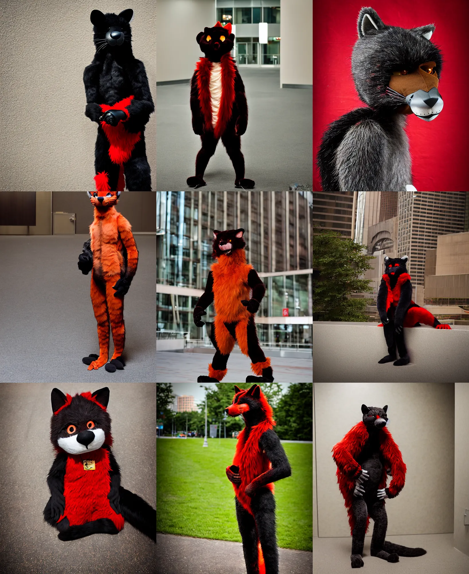 Prompt: fullbody photoshoot photo portrait of a roguish male red - black furred bipedal weasel furry fursona / fursuiter, photorealistic, taken at anthrocon