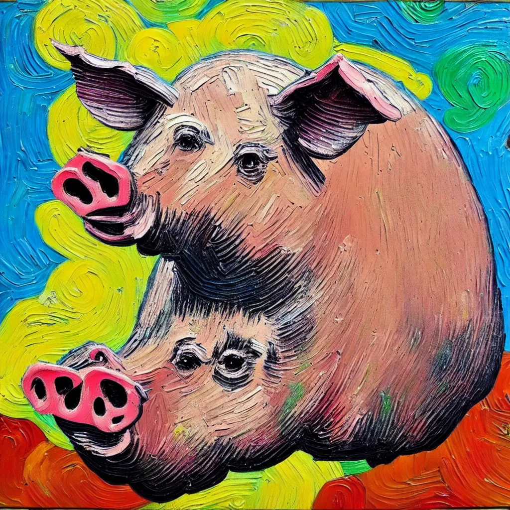 Image similar to large pig painted in a style of painting similar to Van Gogh but more impasto and less hatching