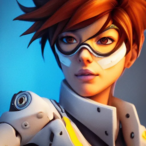 Prompt: tracer from overwatch portrait, close up, zbrush artstation concept art, intricate details, highly detailed portrait cinematic lightning, octane render, 8 k hd by michael komarck