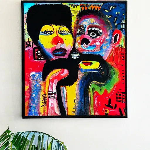 Image similar to acrylic painting of two bizarre psychedelic women kissing in japan in summer, speculative evolution, mixed media collage by basquiat and jackson pollock, maximalist magazine collage art, sapphic art, psychedelic illustration