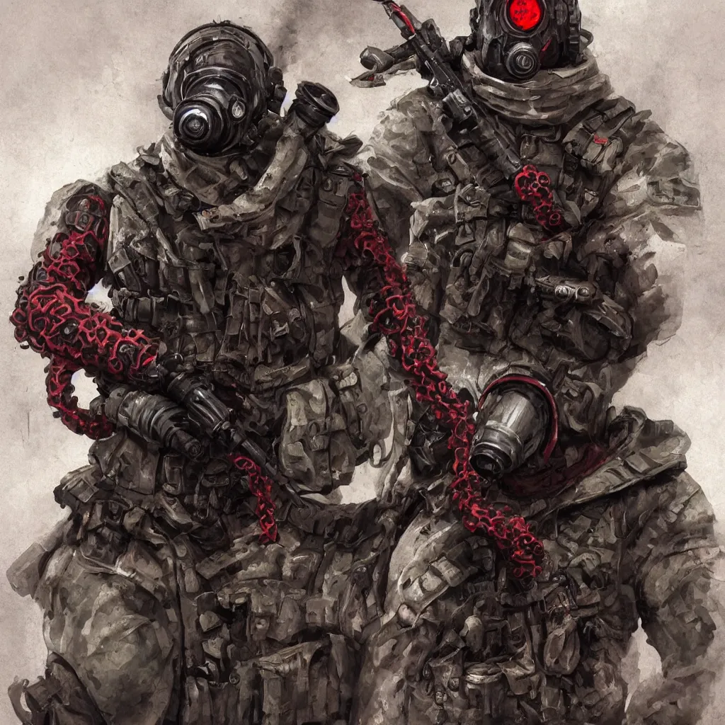 Image similar to soviet russian spetsnaz soldier wearing a demonic gasmask with glowing red eyes and three goggles and demonic tentacle instead of one arm, concept art, digital portrait, horror, creepy, concept art, military art, dark fantasy art, sci - fi, retrofuturism, artstation, highly detailed painting, art by eddie mendoza