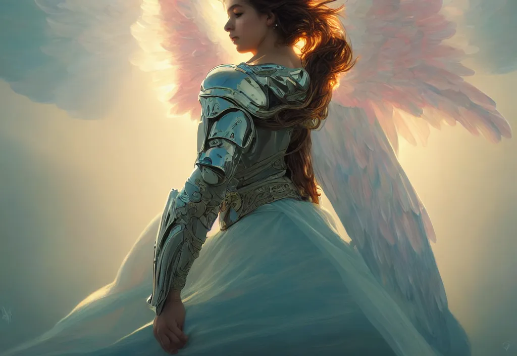 Image similar to one angel, big wings, low key light, full plate armor with cloth, f 1 6, bokeh, extreme close up portrait, gentle, female, mountain, storm, god rays, landscape, d & d, fantasy, elegant, teal pink white gold color palette, concept art, artgerm and greg rutkowski and alphonse mucha