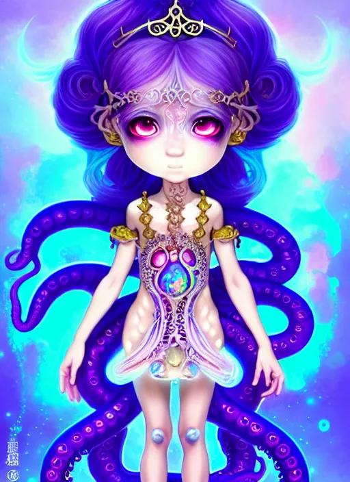 Image similar to A full body shot of a cute young magical girl wearing an ornate dress made of opals and tentacles. Chibi Monster GIrl. Subsurface Scattering. Dynamic Pose. Translucent Skin. Rainbow palette. defined facial features, symmetrical facial features. Opalescent surface. Soft Lighting. beautiful lighting. By Giger and Ruan Jia and Artgerm and WLOP and William-Adolphe Bouguereau. Photo real. Hyper-real. Fantasy Illustration. Sailor Moon hair. Masterpiece. trending on artstation, featured on pixiv, award winning, cinematic composition, dramatic pose, sharp, details, Hyper-detailed, HD, HDR, 4K, 8K.