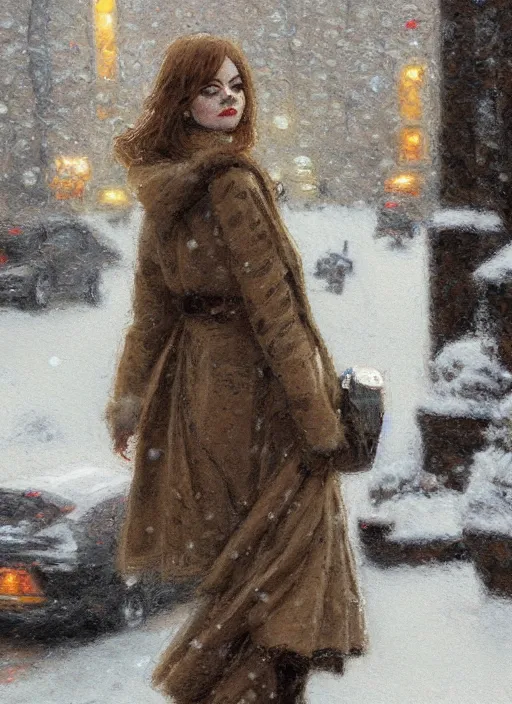 Image similar to back of emma stone in beige coat, walking into new york apartment building in winter, zoomed out, artwork by gaston bussiere, craig mullins, trending on artstation