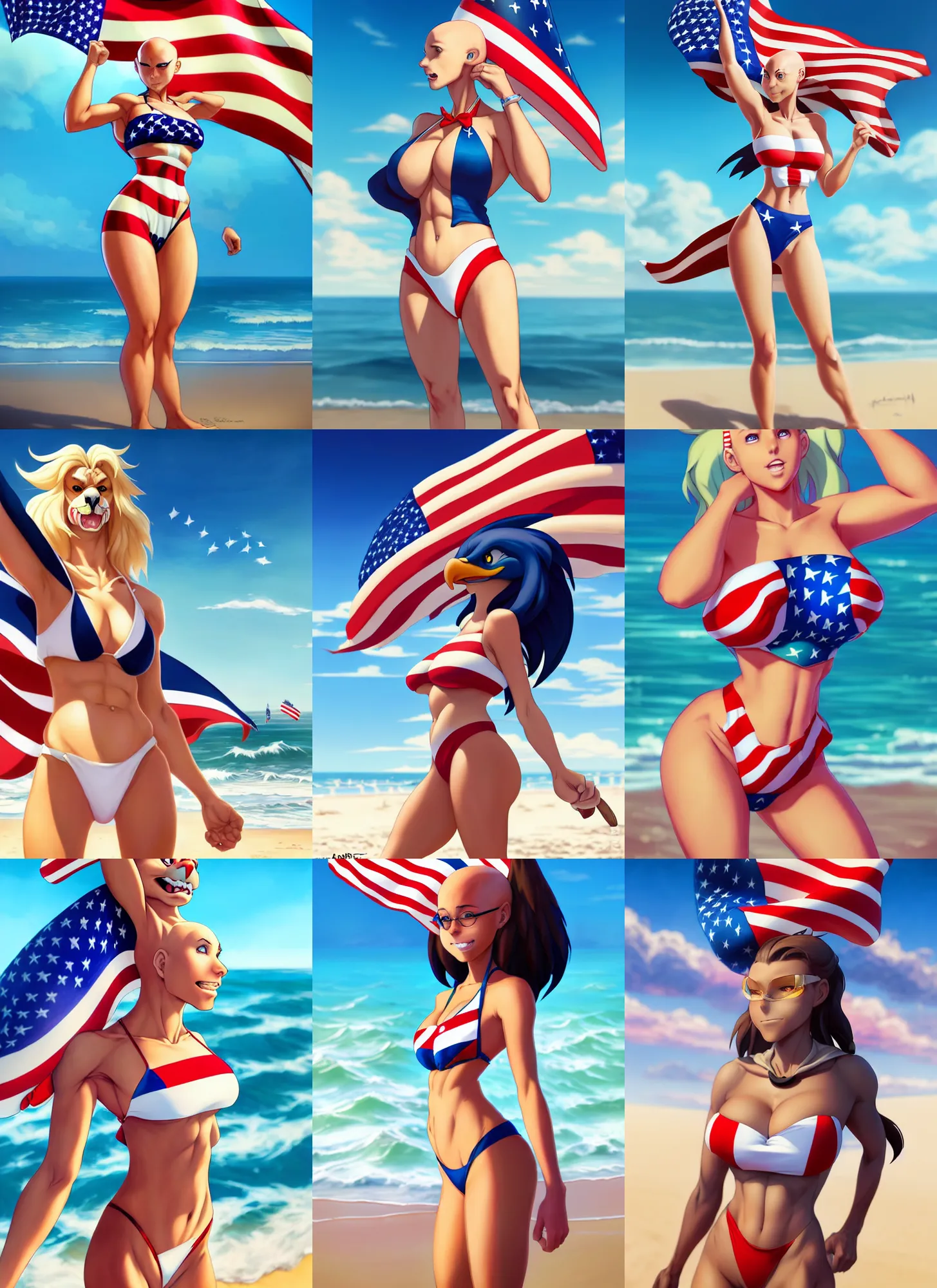 Prompt: wide angle beautiful full body portrait of a strong female anthropomorphic anthro bald eagle fursona wearing an american flag bikini at the beach. character design by disney, anime, manga, charlie bowater, ross tran, artgerm, and makoto shinkai, detailed, soft lighting, rendered in octane