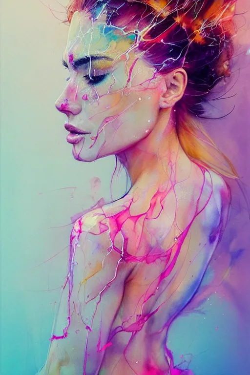 Image similar to sophia vergara by agnes cecile enki bilal moebius, intricated details, 3 / 4 back view, hair styled in a bun, bendover posture, full body portrait, extremely luminous bright design, pastel colours, drips, autumn lights