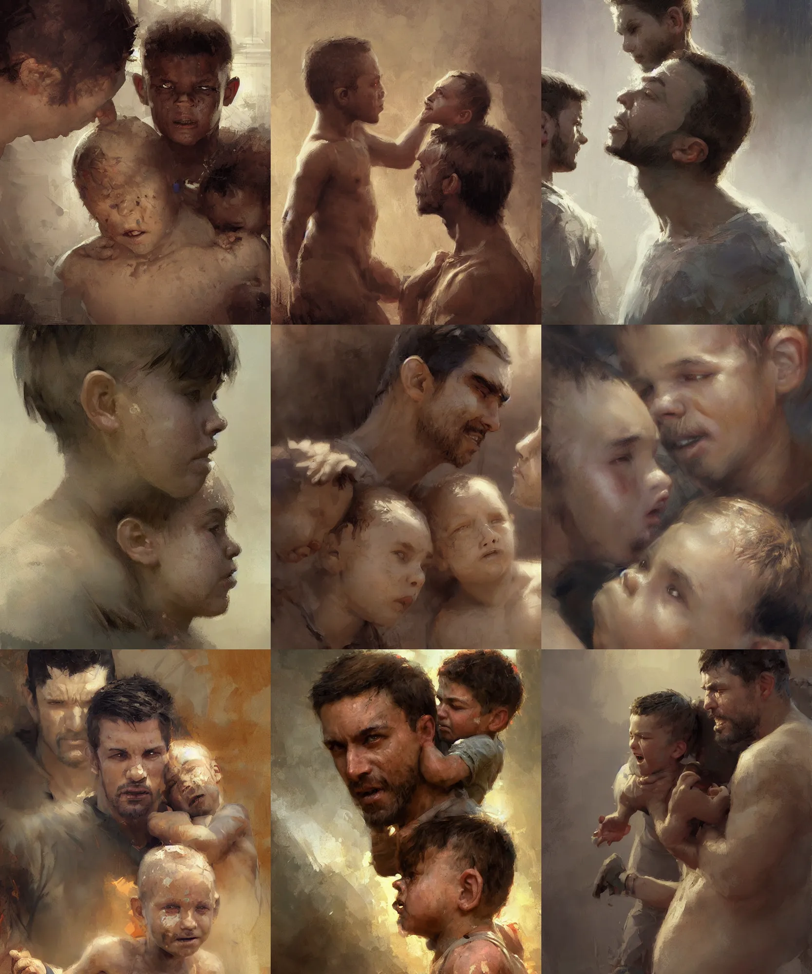 Prompt: digital art painting of a father beating / hitting his young innocent son painted by craig mullins and gaston bussiere and greg rutkowski, symmetrical face, defined facial features, symmetrical facial features, dramatic lighting, close up