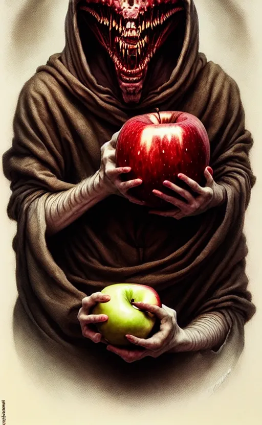 Image similar to tooth and flesh demon holding an apple gift by anna podedworna, ayami kojima, greg rutkowski, giger, maxim verehin