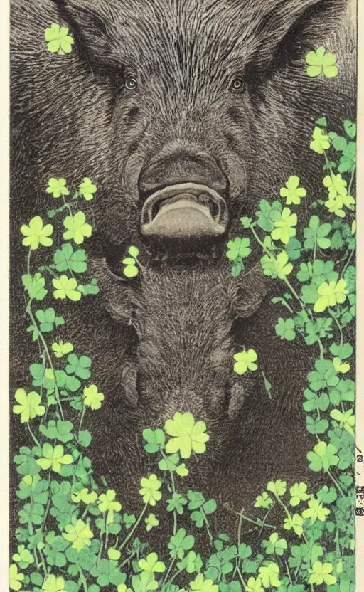 Prompt: by akio watanabe, manga art, portrait of a boar in a field of clovers, trading card front