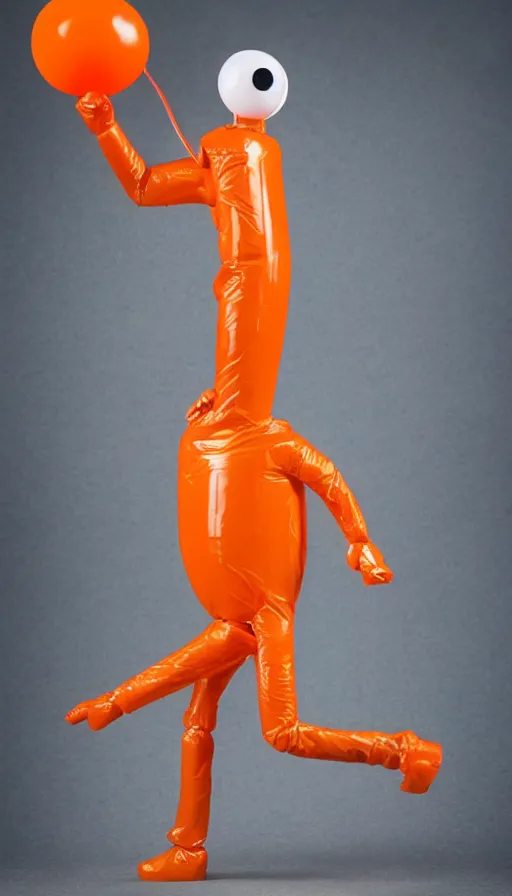 Prompt: a single striding figurine of a tall giant inflated hazmat suit wearing man, long bendy arms and legs, googly eyes, tareme eyes, small head, personification, dynamic pose, detailed product photo, tone mapped, beautiful composition, orange mist swirling at feet, 8 5 mm, f 5. 8