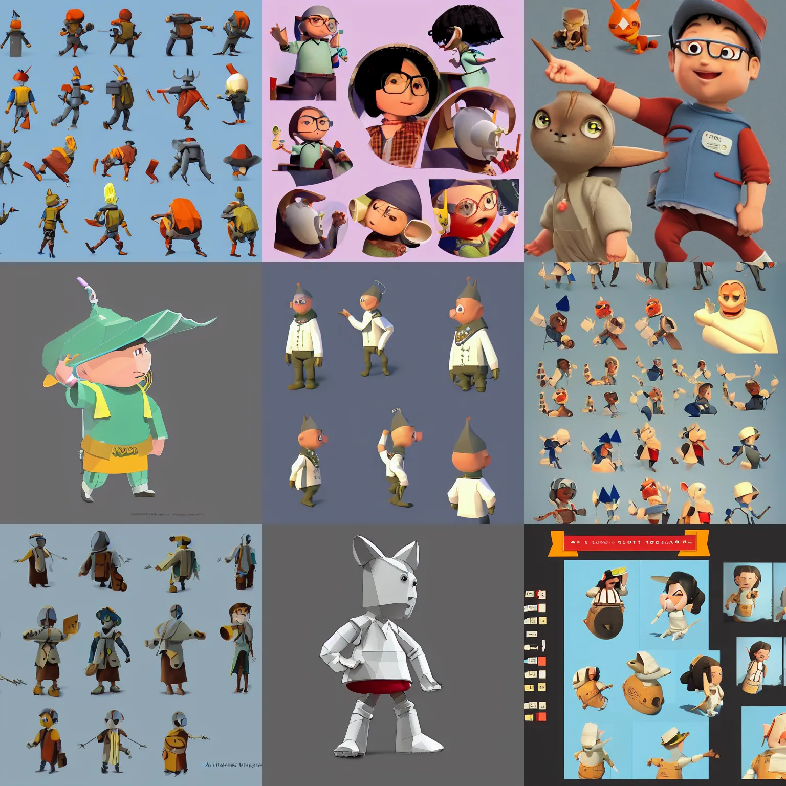 Prompt: a lighthearted human avatar design for a game, character concept, concept art, character art, white background by richard scarry, pixar, kazuo oga, ghibli, yoshiyuki tomino, n. c. wyeth, aardman animations, otl archer, low poly, simplfied, exaggerated, charicature, stylised