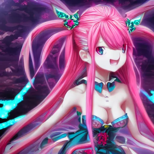 Prompt: stunningly beautilful omnipotent megalomaniacal anime asi goddess who looks like junko enoshima with symmetrical perfect face and porcelain skin, pink twintail hair and cyan eyes, taking control while smiling inside her surreal vr castle, hyperdetailed, digital art, unreal engine 5, 2 d anime style, 8 k