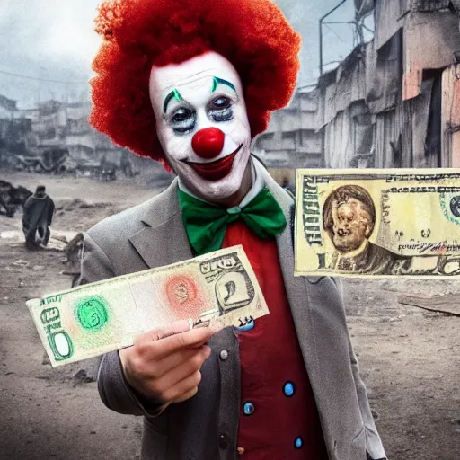 Prompt: A clown holding a dollar banknote, background is a slum, artstation, cgsociety, masterpiece, highly-detailed, inspiring, cinematic, epic