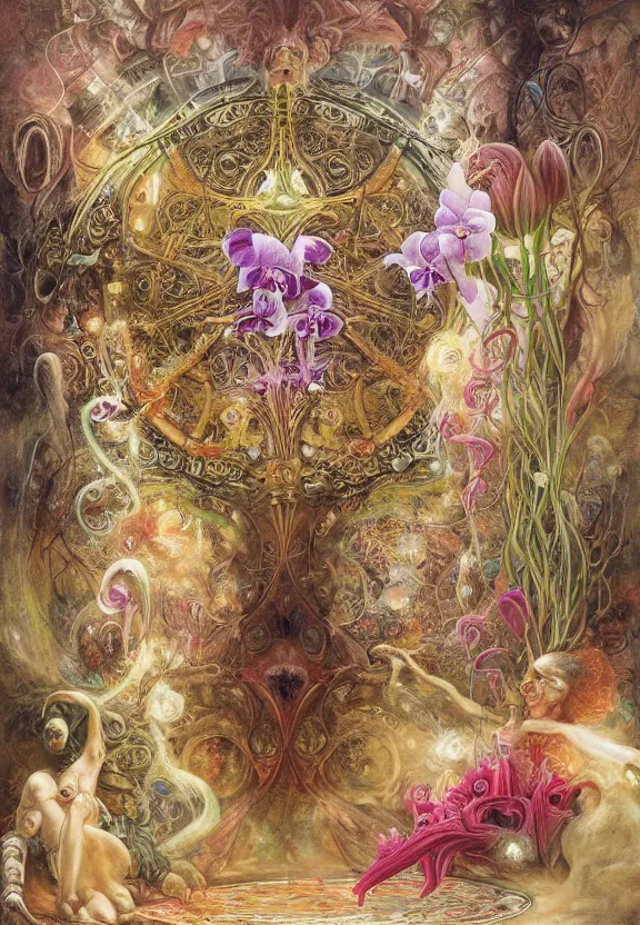 Image similar to simplicity, elegant, colorful muscular eldritch orchids, lilies, flowers radiating from fractal, mandalas, by h. r. giger and esao andrews and maria sibylla merian eugene delacroix, gustave dore, thomas moran, pop art, cyberpunk, art nouveau