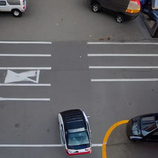 Image similar to A overhead shot taken from the second floor of a brown man parallel parking a white work van, in Vancouver, BC