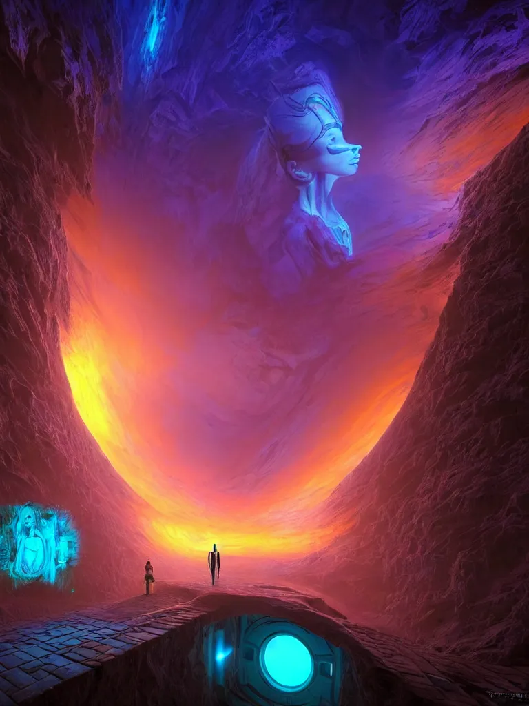 Image similar to entrance to ethereal realm, god waiting, rendered in unreal engine, central composition, symmetrical composition, dreamy colorful cyberpunk colors, 6 point perspective, fantasy landscape with anthropomorphic!!! terrain!!! in the styles of igor morski, jim warren, and rob gonsalves, intricate, hyperrealistic, volumetric lighting, big sky, distinct horizon