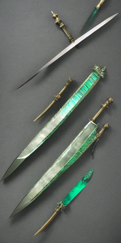 Image similar to photograph of a wide green and teal crystal double - edged sword blade attached to a big gold sword hilt