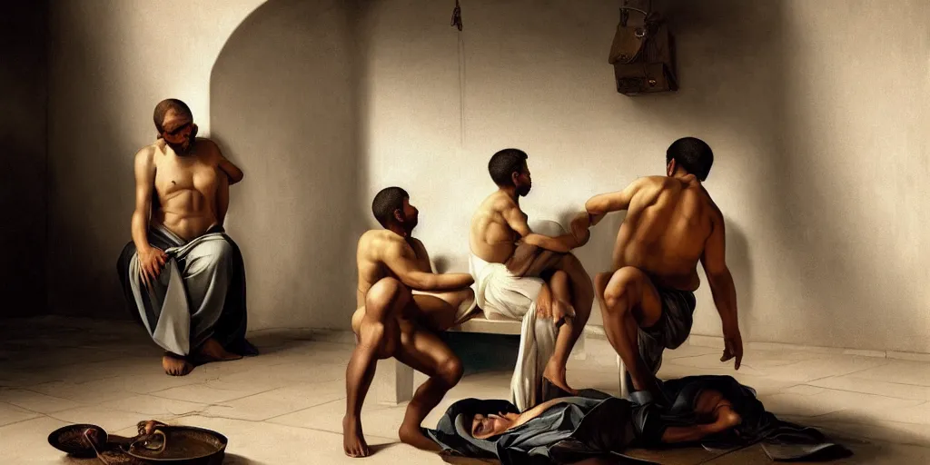 Prompt: beautiful oil matte painting, men in solitary confinement in caribbean jail, wonderful masterpiece highly detailed, beautiful cinematic light deep focus, elegant, digital painting, smooth, sharp focus, golden ratio, dramatic illumination, ultra realistic, 8 k, art by artemisia lomi gentileschi and caravaggio