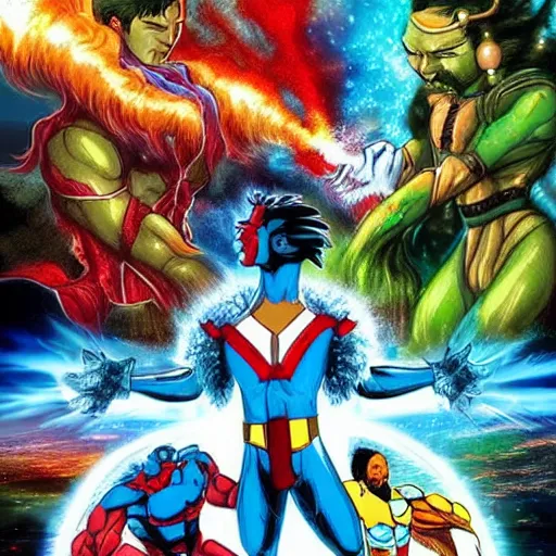 Prompt: epic scene hyper realistic version of captain planet, earth, wind, fire, love, light, fight, live action, awesome,