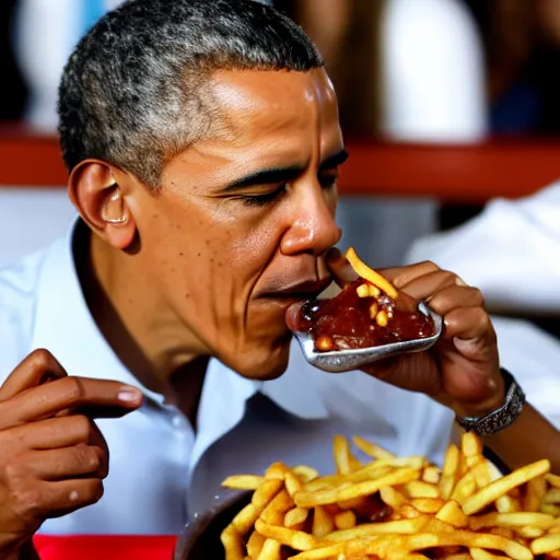 Prompt: barack obama eating chili fries, eating, chili fries, cheesy, eating, eating, eating