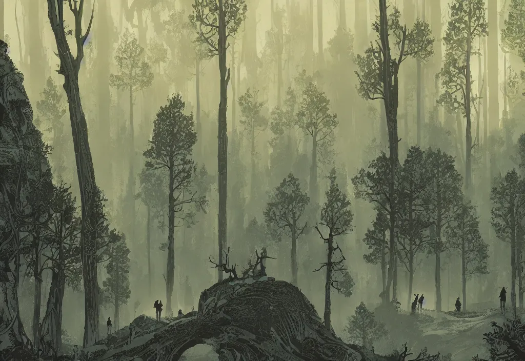 Image similar to handmade illustration of a big forest, line art, ink, some small silhouetted medieval men among the trees, watercolor by Kilian Eng and by Jake Parker, winning-award masterpiece, fantastic, octane render, 8K HD Resolution, High quality image