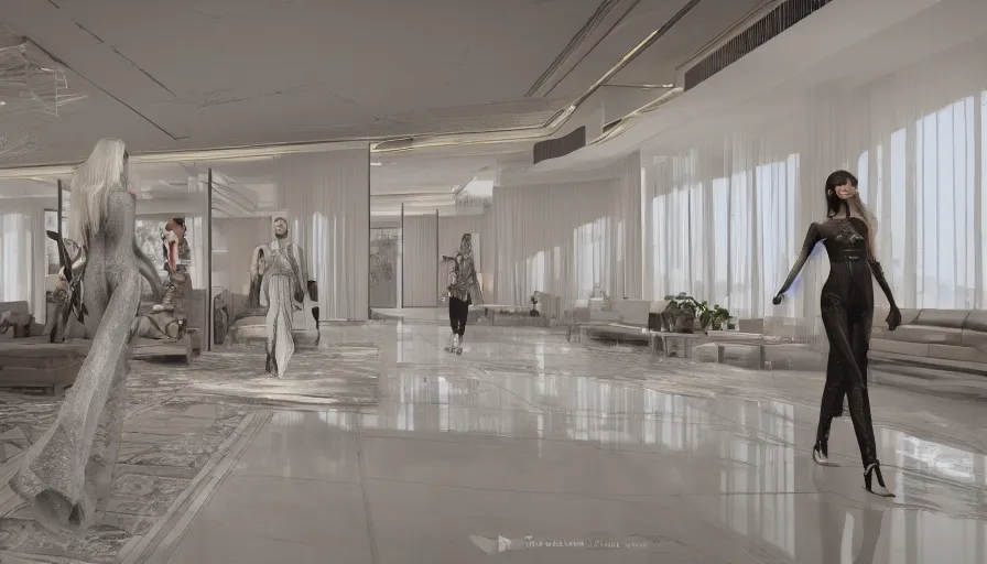 Image similar to Fashion Catwalk in a luxurious penthouse interior, concept art, rendering, hyperdetailed, unreal engine 5, 4k