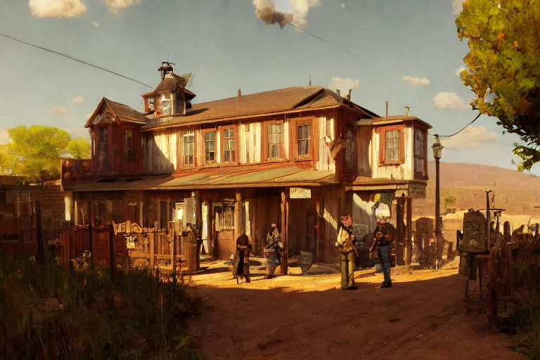 Prompt: Sheriff's office at wild west, sunny day, digital art by Nerdrum John, William Waterhouse, Winslow Homer, Alex Heywood, Jordan Grimmer, Darren Quach, Greg Rutkowski, Simon Stalenhag, trending on Artstation, CGSociety