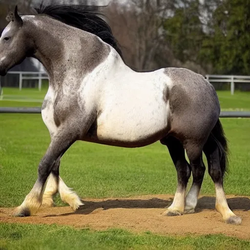 Image similar to a hyper obese horse. The horse is so fat that his legs can’t touch the ground