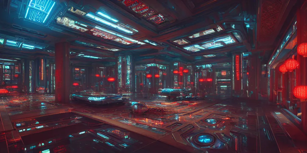 Image similar to ultra detailed photorealistic cyberpunk chinese palace, cinematic light, sci fi, glossy, cybernetic machines, futuristic decor, trending on artstation, global illumination, ultra realistic illustration, matte painting, high detailed, unreal engine, octane render, 4 k, hd, high quality