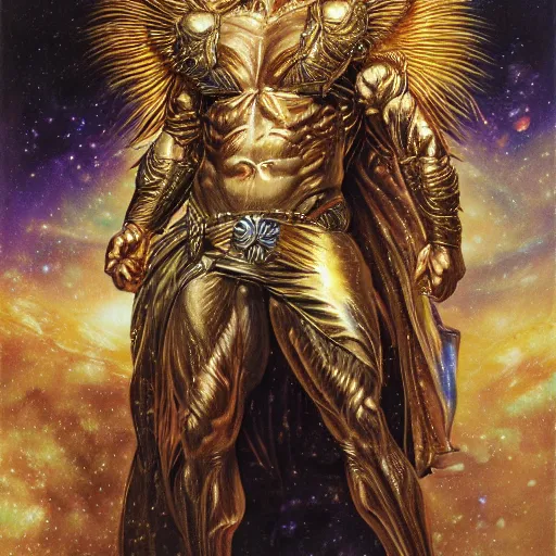 Image similar to full muscular body male made of gemsl with golden feathers ,thunder, shining light, nebulas, god rays by Karol Bak, Ayami Kojima, Amano