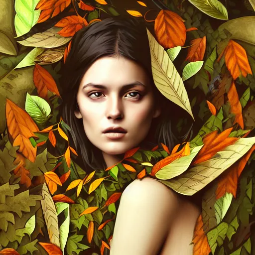 Image similar to a pretty girl clothed in leaves, surrounded by wolves digital painting, photorealistic, in the style of greg rutkowski, full body, detailed face