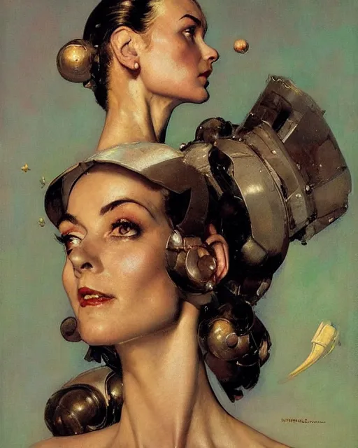 Image similar to head and upper body portrait of elegant striking mature space woman by norman rockwell, roberto ferri, daniel gerhartz, edd cartier, jack kirby, howard v brown, ruan jia, tom lovell, frank r paul, dean cornwell, astounding stories, amazing, fantasy, other worlds