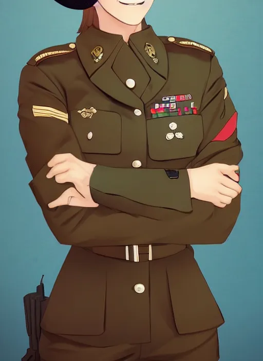 Prompt: portrait of young woman with light brown hair and hazel eyes dressed in a sharp dark teal military uniform with beret, saluting, smiling at camera, ilya kuvshinov, anime, cheerful