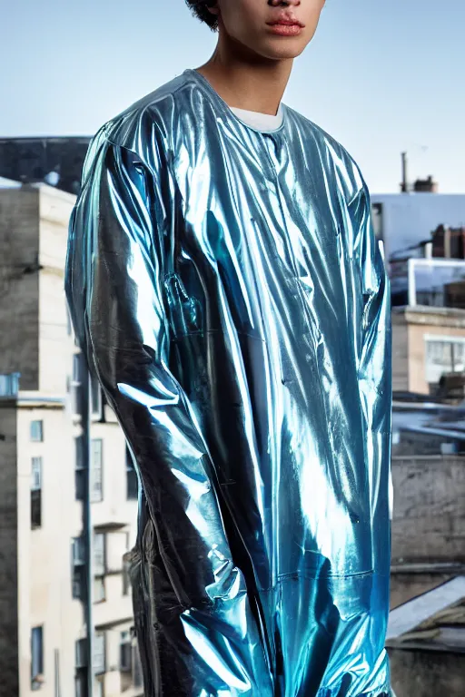 Image similar to un ultra high definition studio quality photographic art portrait of a young man standing on the rooftop of a british apartment building wearing opaque soft inflatable padded iridescent refractive utility clothing. three point light. extremely detailed. golden ratio, ray tracing, volumetric light, shallow depth of field. set dressed.