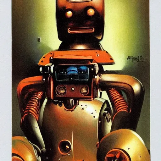 Prompt: portrait of a robot by frank frazetta