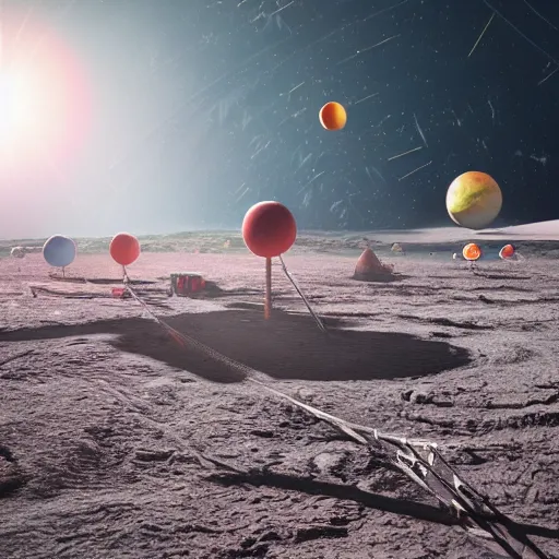 Image similar to circus on the surface of the moon, landscape, magical, warm light, photo realistic