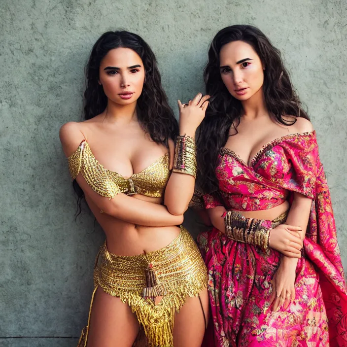 Image similar to portrait of demi rose and gal gadot wearing southeast asian traditional dress, by charlotte grimm, natural light, detailed face, canon eos c 3 0 0, ƒ 1. 8, 3 5 mm, 8 k, medium - format print