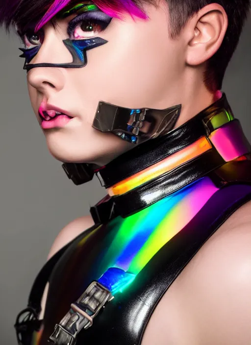 Image similar to hyperrealistic style portrait of tracer overwatch, confident pose, wearing black iridescent rainbow latex, rainbow, neon, 4 k, expressive happy smug expression, makeup, in style of mark arian, wearing detailed black leather collar, wearing sleek armor, black leather harness, expressive detailed face and eyes,