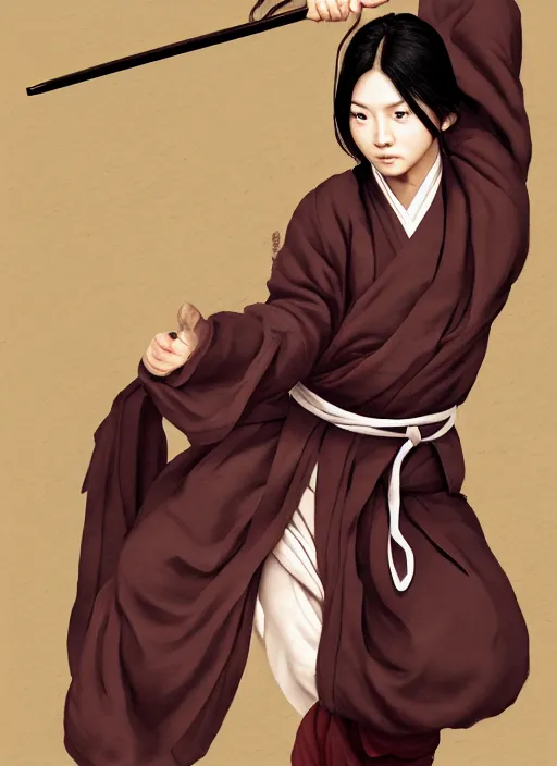 Image similar to portrait of a female drunken master monk exercising by wlop, wuxia, xianxia, drunken boxing, drunken fist, drunken master, dark olive skin, athletic, playful, beautiful, fully clothed, monk's robe, detailed, realistic, anatomically accurate, fantasy illustration, artstation, wlop.