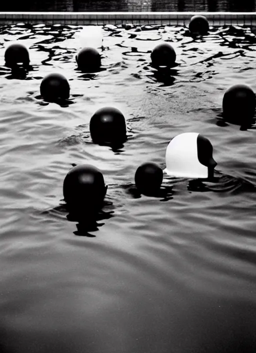Prompt: realistic photo of a group of common girls in white tights, spherical black helmets, in a big pool filled with black mercury oil water, the sky is grey 2 0 0 0, life magazine photo,